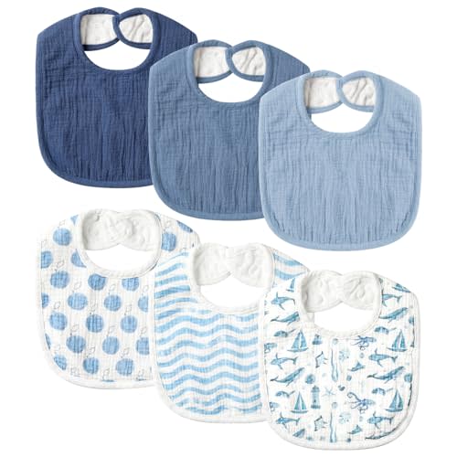 POIKSHARK 6-Pack Muslin Baby Bibs for Unisex Boys Girls, Cotton Baby Drool Bibs, Drooling and Teething Bibs for Infant