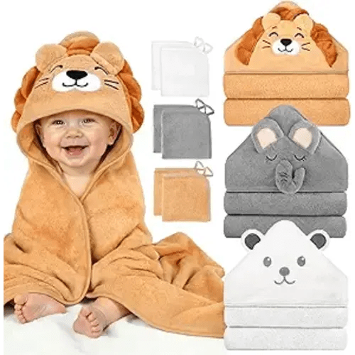 9 PCS Baby Bath Towels for Infants Toddlers, 3 PCS Animal Hooded Baby Towels & 6 PCS Washcloths Set, Ultra Absorbent Soft Cute Newborn Bath Essentials Gifts for Boys & Girls