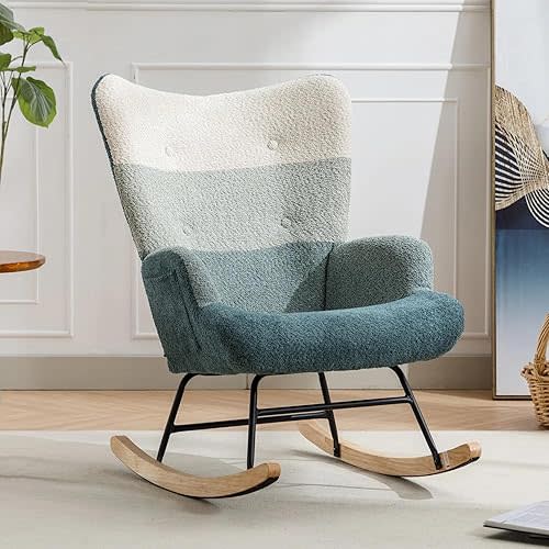 Nursery Rocking Chair Teddy Upholstered Glider Rocker Rocking Accent Chair with High Backrest Armchair Comfy Side Chair for Living Room, Bedroom, Offices (Gradient Green)