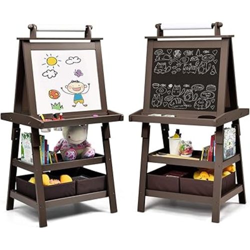 Costzon Kids Art Easel, 3 in 1 Double-Sided Wooden Easel w/Magnetic Whiteboard, Chalkboard & Paper Roll, 2-Tier Rack w/ 2 Storage Boxes, Standing Easel for Kids, Toddlers, Boys, Girls (Coffee)