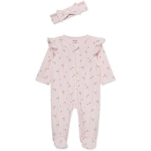 Little Me Clothes for Baby Girls 100% Cotton 2Pc Zipper Closure Footie and Headband Set, Baby Essentials