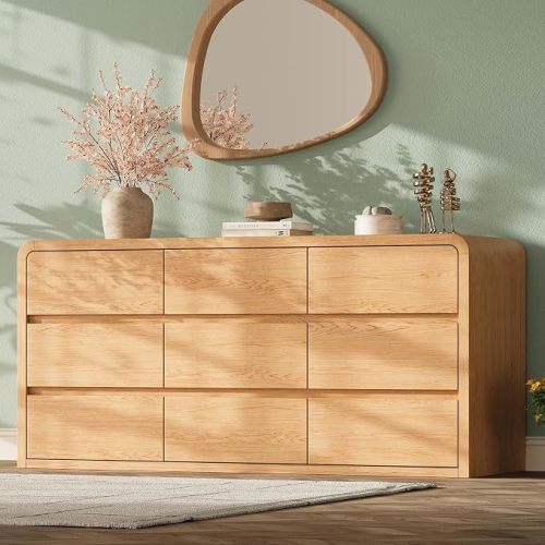 Modern 63" Wide 9 Drawers Dresser with Curved Profile Design,Oak