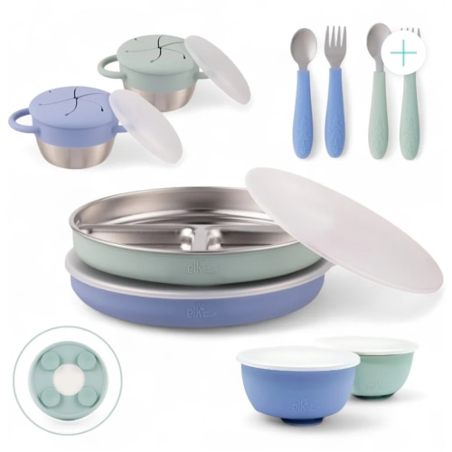 Stainless Steel Mealtime Bundle | Plates, Bowls, Snack Cups + Toddler Utensils | Suction Sleeves | Sage/MistyBlue