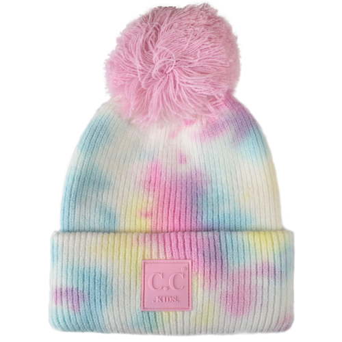 C.C Kids' Children's Winter Thick Knit Tie Dye Pom Cuff Beanie, Cotton Candy