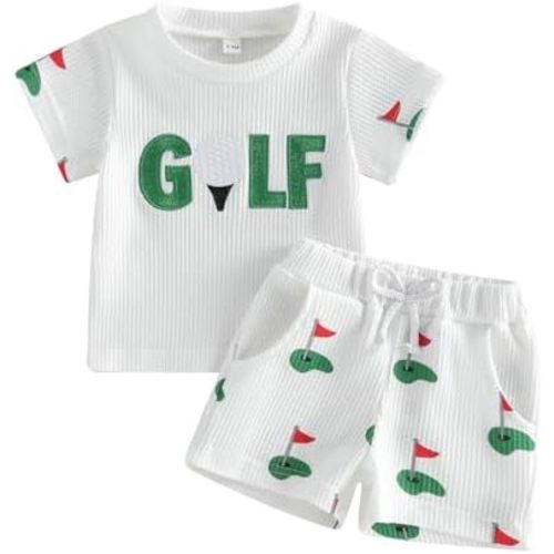 Kupretty Toddler Baby Boy Clothes 6 12 18 24 Month 2T Summer Outfits Waffle Knit Golf Embroidery Tees T-shirt + Shorts Set