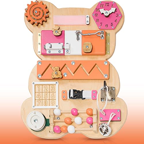Toddler Busy Board Bear for 1 2 3 Year Old - Wooden Handmade Baby Sensory Activity Boards with Keys, Lock, Latches, Time Telling Clock, Buckle - Travel Car Plane Montessori Toys (Multicolored)