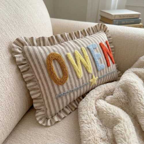 Custom Name Striped Ruffled Pillow for Boys: Baby Name Gift, Nursery Decor, Personalized Toddler Room Accent