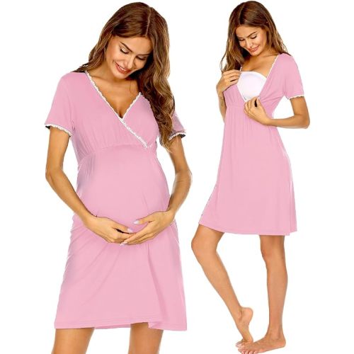 Ekouaer Nursing Nightgown Delivery and Labor Gown for Hospital Short Sleeve Maternity Breastfeeding Dress