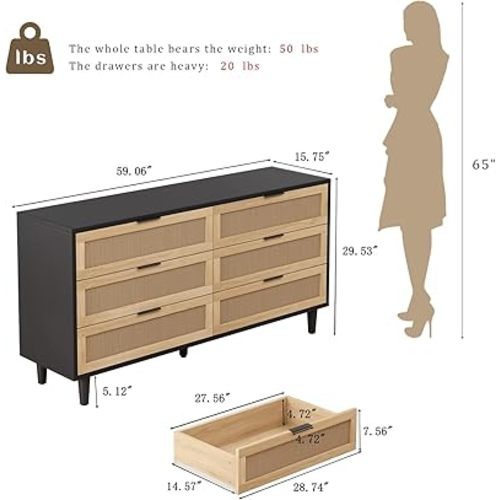 NTYUNRR Black Rattan Dresser, 59.06" 6 Drawer Double Dressers for Bedroom, Dresser for Closet, Boho Wicker Dressers Storage Cabinet Drawer with Metal Handles, for Living Room, Black L
