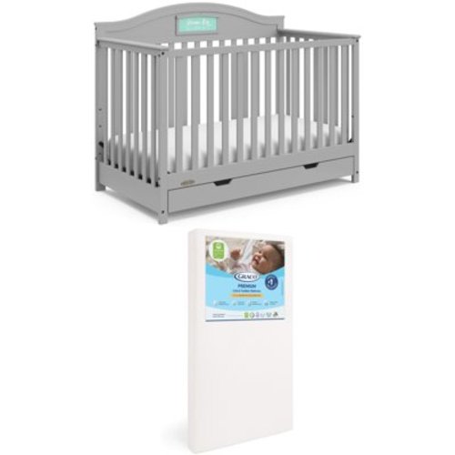 Graco Story Customizable 5-in-1 Convertible Crib with Drawer and Premium Crib & Toddler Mattress Bundle, Pebble Gray