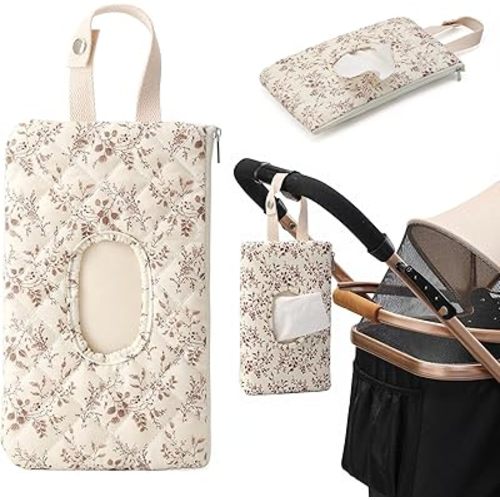 Quilted Baby Wipe Holder, Canvas Floral Quilted Pouch with Hanging Strap, Portable Diaper Wipe Holder for Travel Stroller-Beige