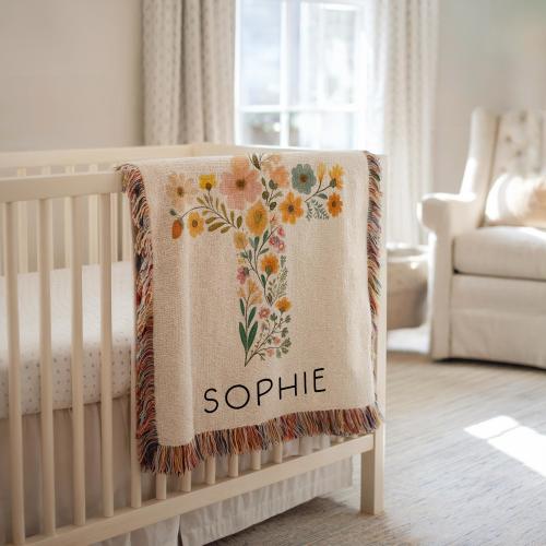 Personalized Baptism Baby Blanket Baptism Christening Blanket for Girl, Woven Baby Blanket with Floral Cross Baptism Floral Cross Baby Gift