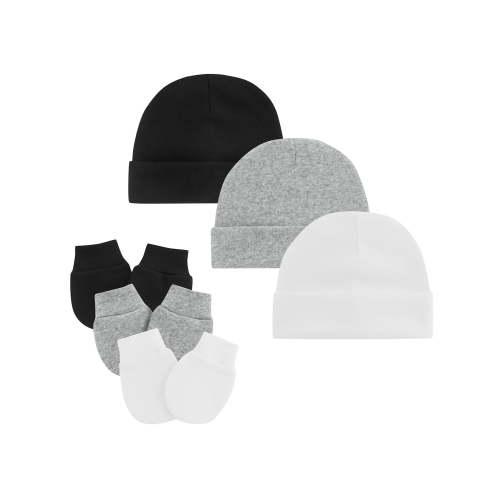 Baby Hats Mittens Set Newborn Cute Cotton Cap Baby No Scratch Gloves for Infants 3 Sets Black&White&Grey 0-6 Months
