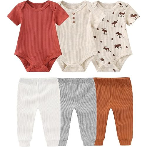 Ruliby Baby Bodysuit and Pant Set 6-pcs Ribbed Soft Infant Boy Girl Clothes Outfits