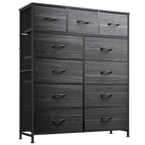 WLIVE Tall Dresser for Bedroom, Fabric Dressers Storage Tower, Dresser & Chest of Drawers with 11 Drawers, Storage Cabinet, Hallway, Closets, Steel Frame, Wood Top, Charcoal Black Wood Grain Print
