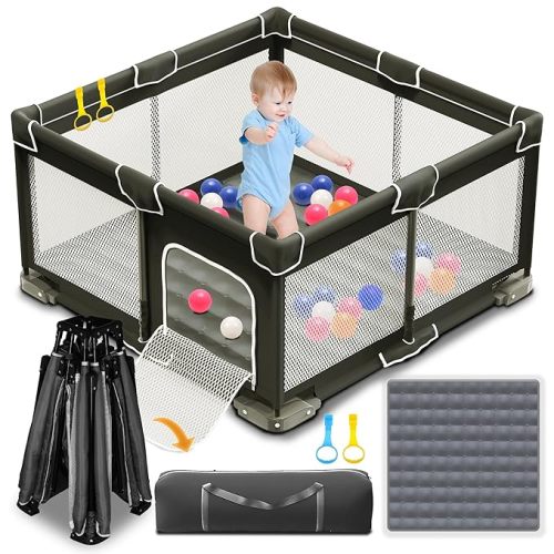 ICAREWAY Foldable Playpen for Babies and Toddlers, 50x50 Inches Portable Playpen, Kids Collapsible Play Pen with 2 Handlers, Indoor & Outdoor Baby Fence Play Area with Visible Mesh, Black