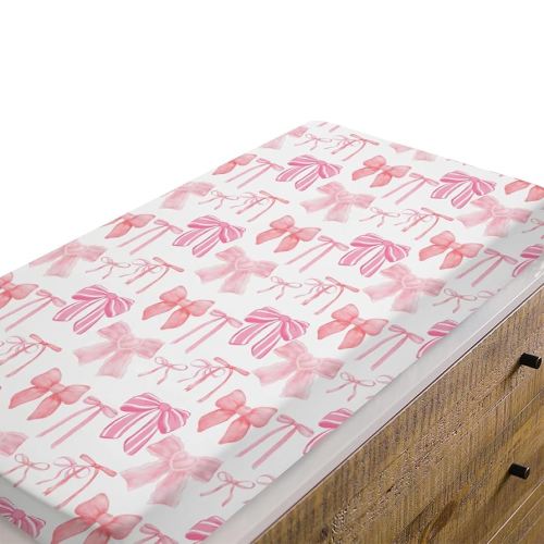 Baby Girls Changing Pad Covers Watercolor Pink Bows, Cute Ribbon Bowknot Safe Snug Fitted Diaper Table Sheet, Soft Breathable Stretchy Change Mat Shower Gift Fit 32 34 x 16
