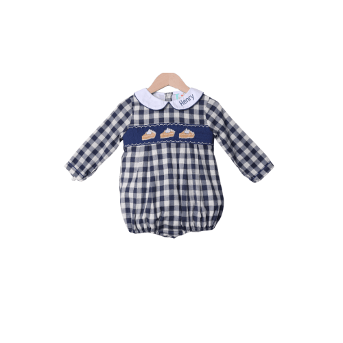 Smocked Pumpkin Pie Navy Linen Gingham Bubble