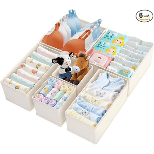 Dorisun Drawer Organizer Clothes - Dresser Organizer for Baby Clothes, Underwear, Sock - Nursery Organization - Foldable Closet Organizatio Dividers for Bra, Belt, Tie (Beige, 6 Pack)