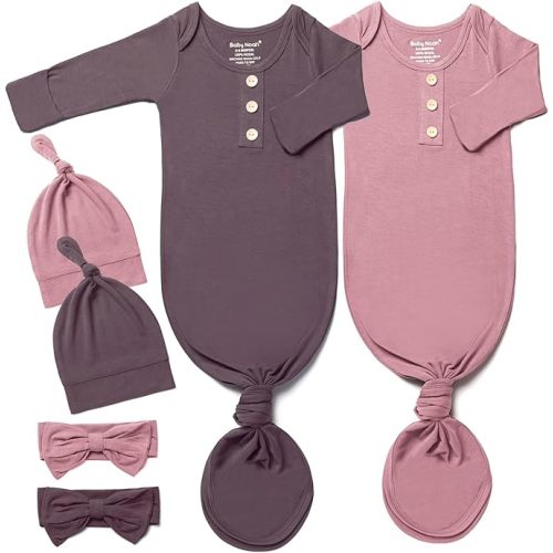 Baby Noah Newborn Knotted Gown Set with Hat and Headband - Buttery Soft Tie Bottom Gown for Baby's Sweet Dreams (2 Packs) - Bean Pink Lavender Purple - 3-6 Months