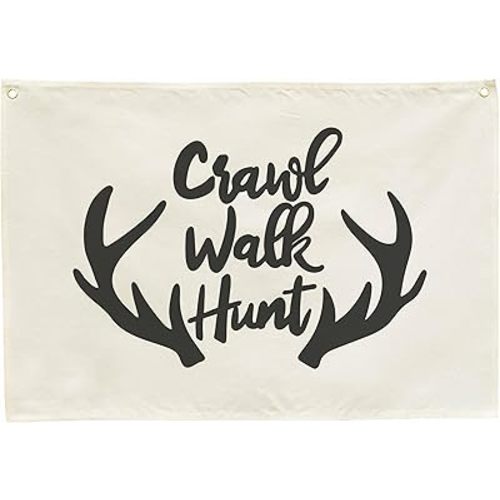 Nursery Rectangular Canvas Banner Wall Decor for Nursery Bedroom Playroom Door Decor, Flag Sign Art for Baby Boy Kids Teen,Baby Shower Birthday Christmas Gift-Crawl Walk Hunt Themed