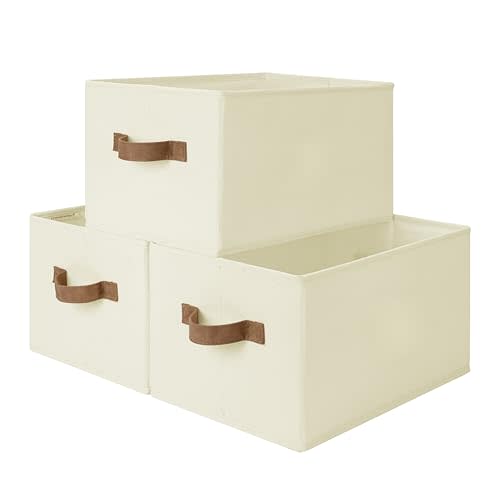 StorageWorks Storage Baskets for Shelves, Foldable Fabric Closet Storage Bins with PU Handles, Fabric Storage Bins Clothes Organizer, Ivory White, 3-Pack, Large
