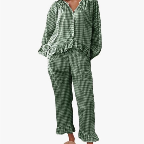 Flygo Womens Plaid Pajamas Sets 2 Piece Cotton Pj Set Puff Sleeve Ruffle Babydoll Shirt Gingham Pants Lounge Sets