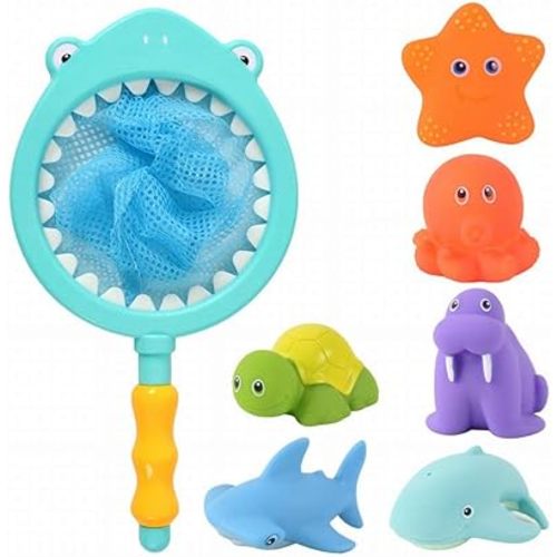 Bath Toy , Fishing Floating Animals Squirts Toys Games Playing Set with Fishing net , Fish Net Game in Bathtub Bathroom Pool for Babies Toddlers and Kids (Blue)