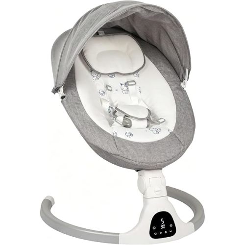 Electric Baby Swing for Infants, 5-Speed Adjustable Swing with Bluetooth Music, Timer, 5-Point Harness and Stable Base for Supervised Daytime Use (Light Gray)