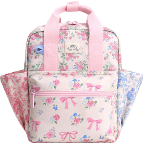 Itzy Ritzy Toddler Backpack - Daycare Bag - Features Adjustable Shoulder Straps, 2 Side Pockets & Spacious Interior with Wipeable Fabric Lining & Name Label, Ribbons & Roses Backpack
