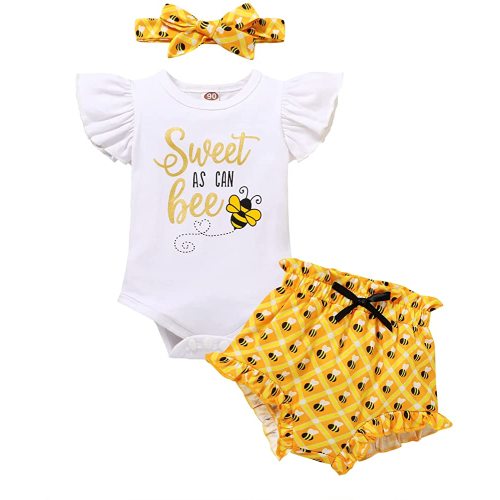 YOUNGER TREE Infant Baby Girl 1st Birthday Outfits Bumble Bee Printed One Romper Shorts Headband Summer Ruffle Sleeve Clothes