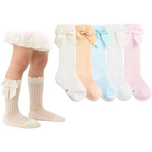 CHUNG Toddler Baby Girls Knee Hight Stocking Cotton Socks 0-7Years Solid Color Bowknot Thin Spring Summer
