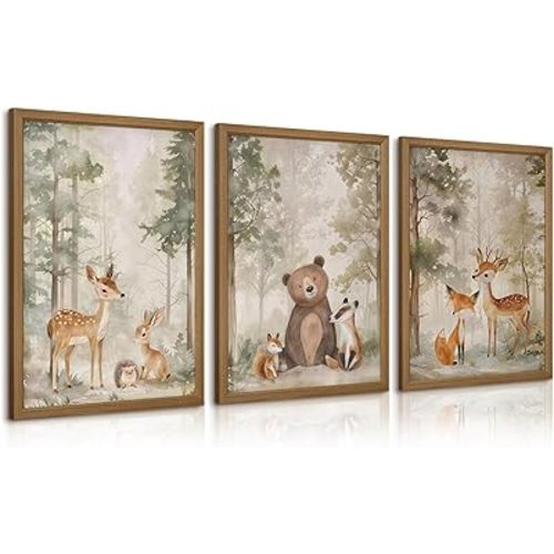 Woodland Nursery Wall Art Decor Animal Forest Canvas Prints Baby Boy Room Wall Decor Bear Nursery Nature Pictures Deer Prints Artwork for Boy Girl Kids Bedroom 12x16 Inch Wood Framed Set of 3
