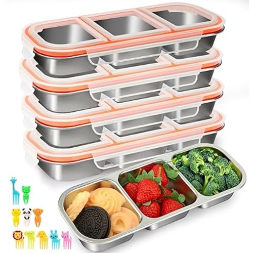 4 Pack Stainless Steel Snack Containers With Lids,Leak Proof Metal Bento Lunch Box with 3 Compartments,Reusable Lunch Meal Prep Containers for office,Work,Travel,Stackable lunchable Snack Box