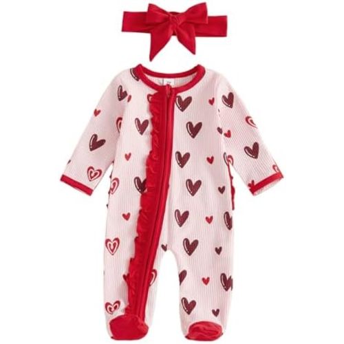 Newborn Baby Romper Infant Girl One-piece Outfit Waffle Ruffle Zip Footie Spring Summer Clothes With Bow Headband