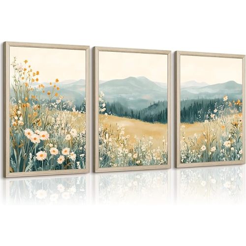 Boho Mountain Flower Wall Art Landscape Green Daisy Canvas Wall Decor Abstract Wildflower Art Prints Watercolor Floral Painting Picture Nature Poster for Living Room Bedroom 12x16x3 Inch Framed