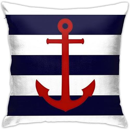 Myshe Square Nautical Red Anchor On Navy Blue Stripes Throw Pillow Cover Decorative Pillow Cover Perfect Decor Gift for Sofa Bedroom Home Decoration 18x18