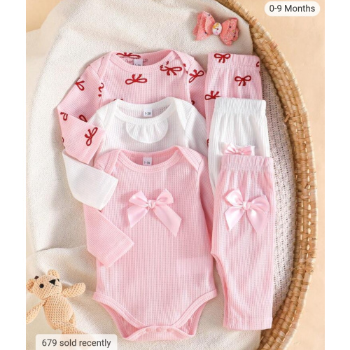 3pcs/Set Newborn Baby Girls Cute Bow Decor Long Sleeve Romper & Casual Pants With Pockets Outfit | SHEIN USA