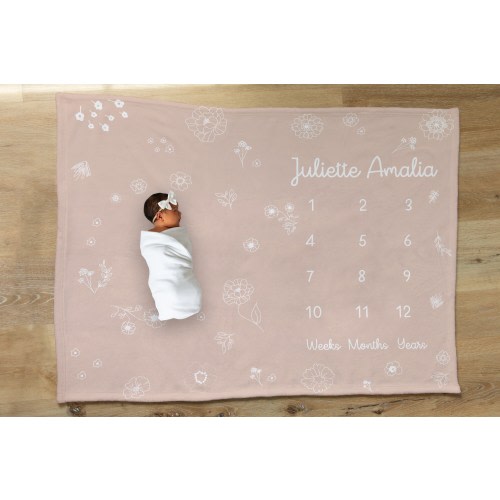 PERSONALIZED Boho Floral Custom Baby Name Milestone Blanket | Pink Flower Baby Girl Month Custom Age Growth New Mom Baby Shower Gift Boho