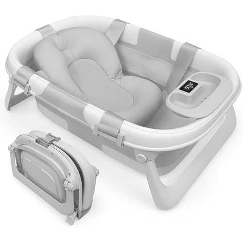 Jool Baby Fold ‘n Store Baby Bathtub – 3 Stage Collapsible Bather for Easy Storage, Portable for Travel – Built-in Thermometer (Gray)