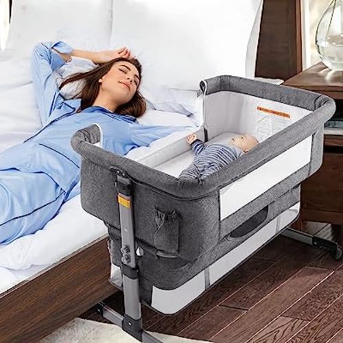 Ihoming Baby Bassinet Bedside Sleeper, Adjustable Bedside Crib for Newborn Infant with Storage Basket, Height Adjustable Bedside Bassinet for Safe Co Sleeping, Deep Gray
