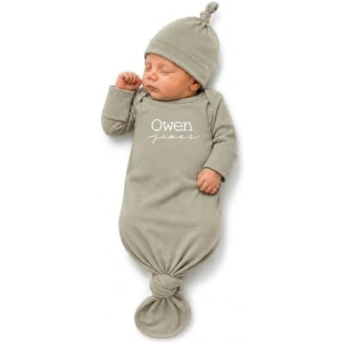 Personalized Newborn Knotted Gown with Hat or Bow, Custom Name Baby Outfit, Soft Bamboo, 0 to 3 Months