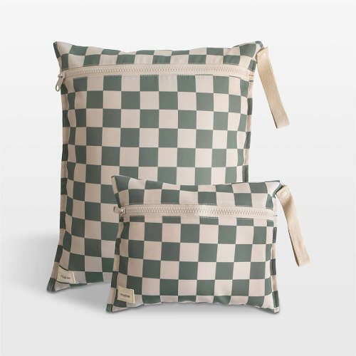 Mushie Olive Check Water Resistant Wet Bag, Set of 2