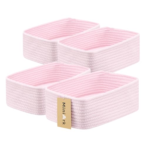 Small Storage Baskets for Organizing | Closet Organizer Bins | Shelf Toy Basket | Woven Rope Baskets | Cube Decorative Box | Shallow Basket | 11.5x7.5x4.7” | 4 Packs Light Pink