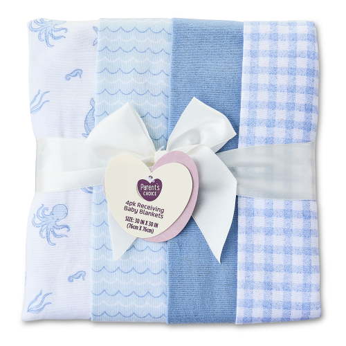 Parent's Choice Blue Sealife Cotton Flannel Receiving Blankets, 4 Pack