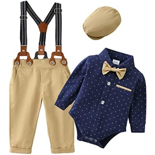 ZOEREA Baby Boy Suit 0-24M Gentleman Outfit Clothes Set Infant Long Sleeve Dress Shirt+Suspender Pants+Bowtie+Beret Hat