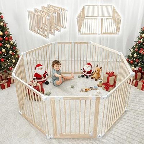 Comfy Cubs Baby Gate Playpen - 57 x 57 x 25 in, Extends Up to 228” - Pine Wood Foldable Playpen with Child-Proof Lock - Easy Assembly Baby Fence Play Area for Babies & Toddlers - Light Wood White
