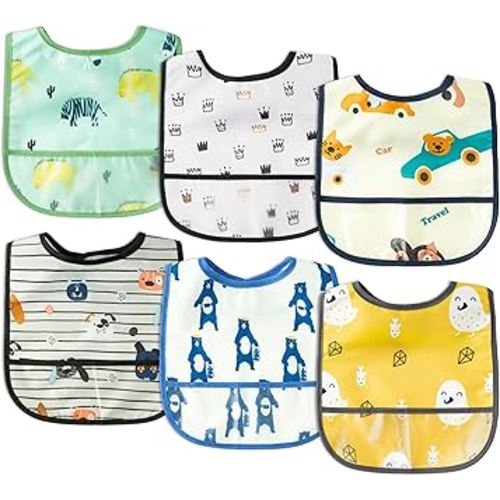 6Pcs Waterproof Toddler Bibs Baby Feeding Bib Set with Crumb Catcher Pocket, Infant Adjustable Baby Teething Bib, Babies Sleeveless Vehicles Food Bibs Keepsake Gift for Baby Shower, 6-24 Months