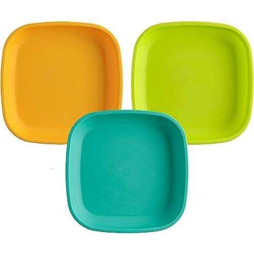 Re-Play Toddler Plates - 22 Oz. Deep-Walled Flat Kids Plates - Dishwasher & Microwave Safe - Made in USA - Set of 3-7.37" x 7.37" x 1.25" - Aqua Asst.