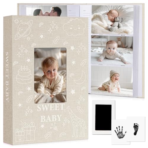 Baby Photo Album 4x6 300 Pockets with Memo Area & Hand and Footprint Kit, Linen Cover Slip-in Memory Book with Front Window, Acid-Free Keepsake for Newborn Boy Girl, First Year Moments